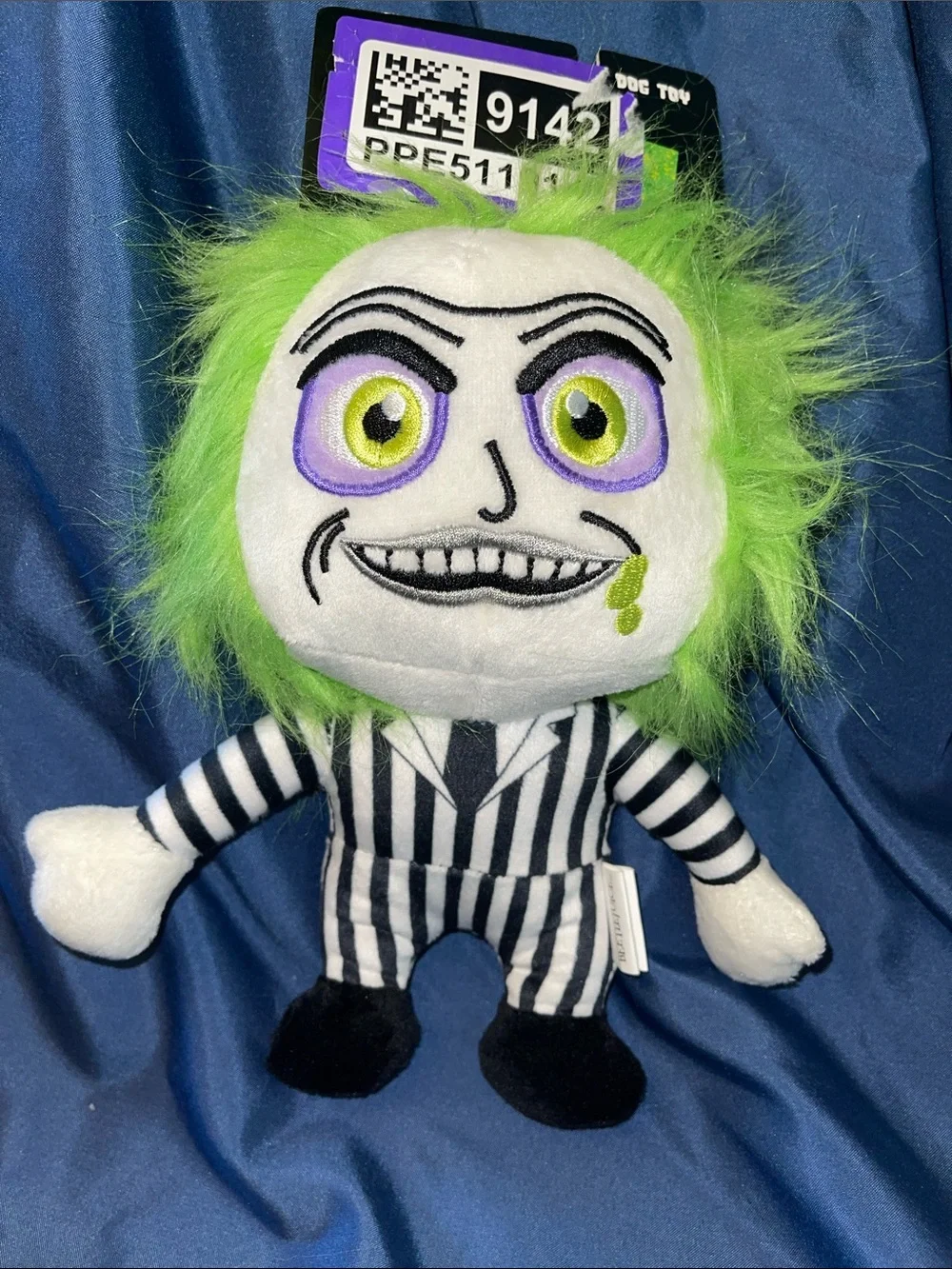 Beetlejuice Green-Haired Striped Plush Dog Toy - Novelty Pet Comfort Plush